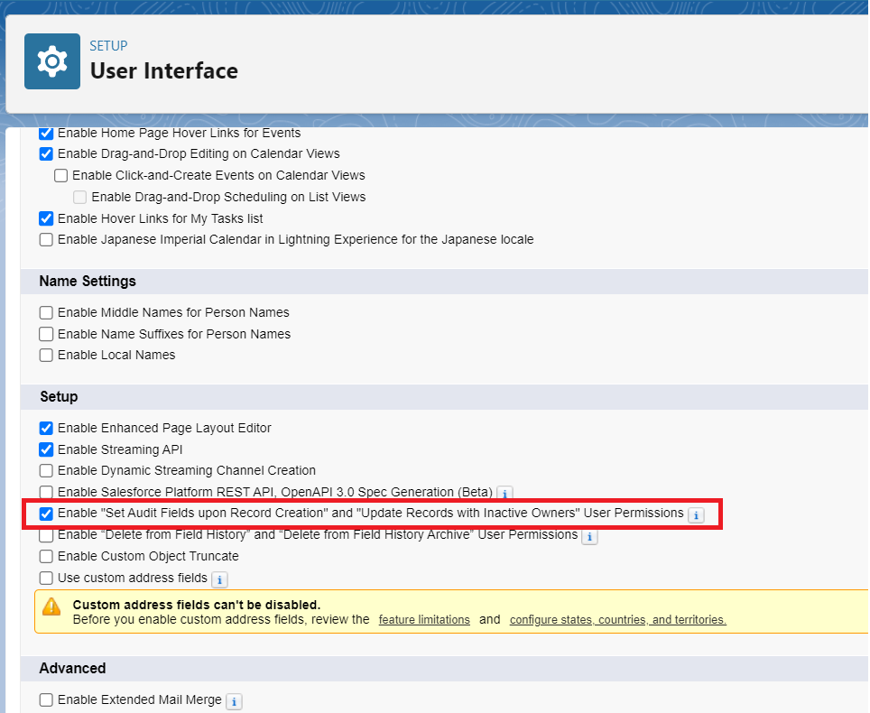 Screenshot of Salesforce User Interface setup page highlighting the 'Set Audit Fields upon Record Creation' and 'Update Records with Inactive Owners' User Permissions checkboxes.