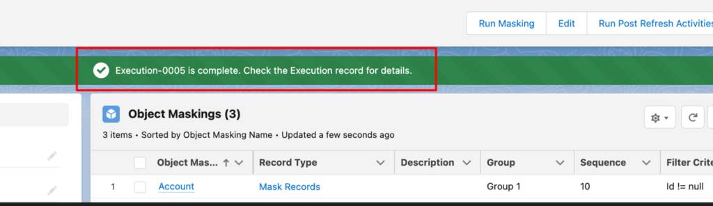 Notification on Salesforce dashboard showing 'Execution-0005 is complete. Check the Execution record for details.