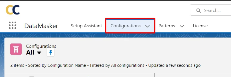 Configurations tab highlighted in the DataMasker application interface
