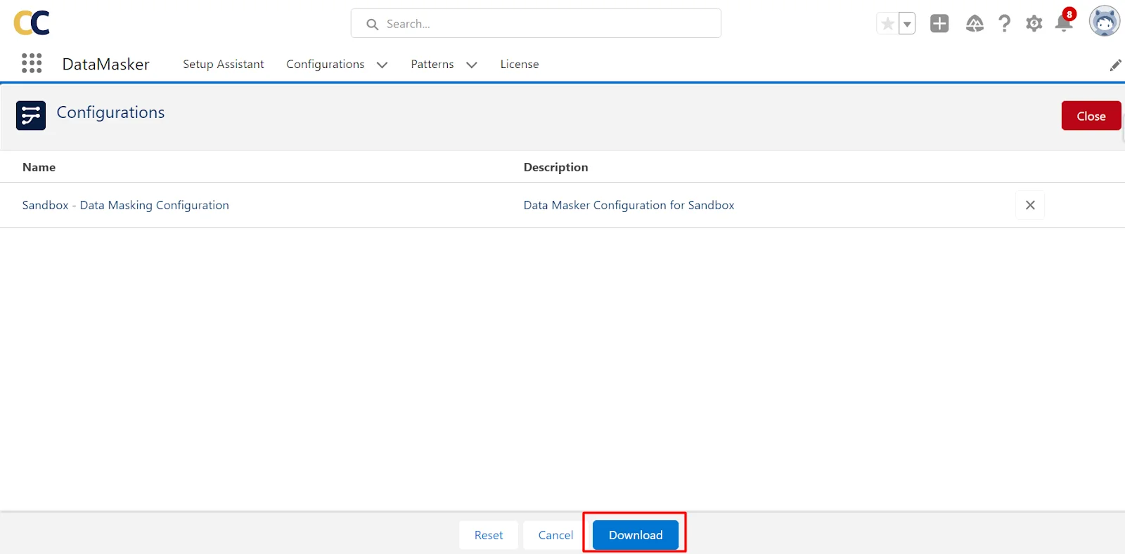 DataMasker interface with a highlighted 'Download' button for the Sandbox Data Masking Configuration