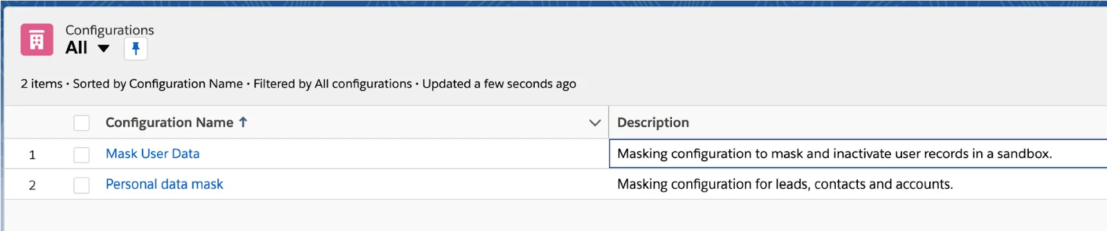 Screenshot of DataMasker's Object Maskings table in Salesforce showing user exclusion criteria.