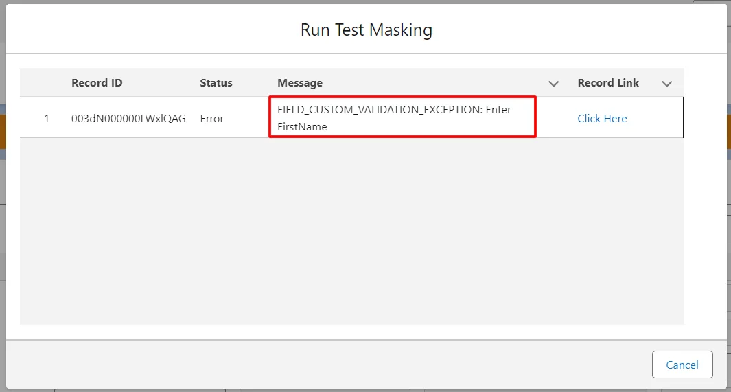 Display of an error status in run test masking due to a validation exception