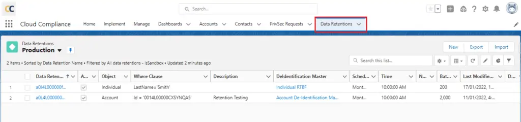 Data Retentions tab showing list of mappings