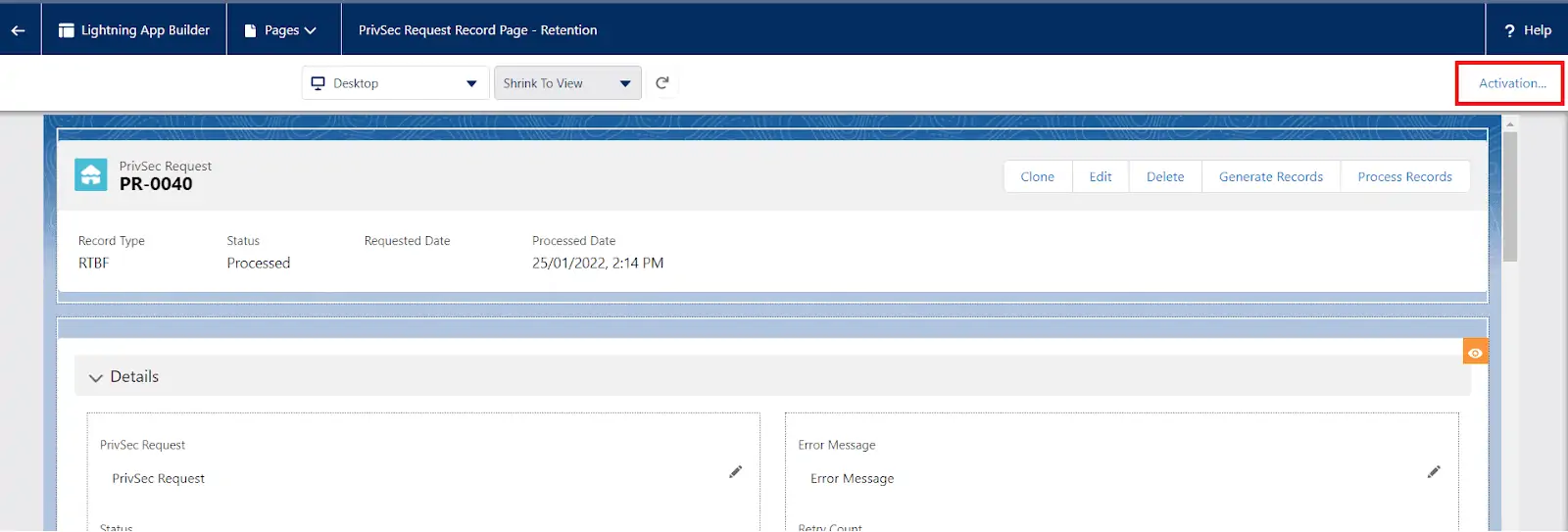 Lightning App Builder Activation button
