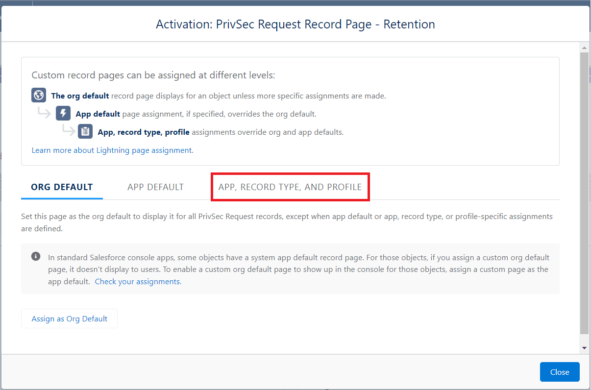 APP, RECORD TYPE, AND PROFILE tab selection