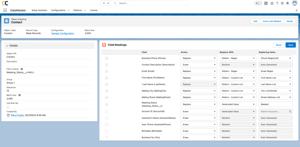 Screenshot of the DataMasker interface showcasing the Field Maskings section for the Contact object.