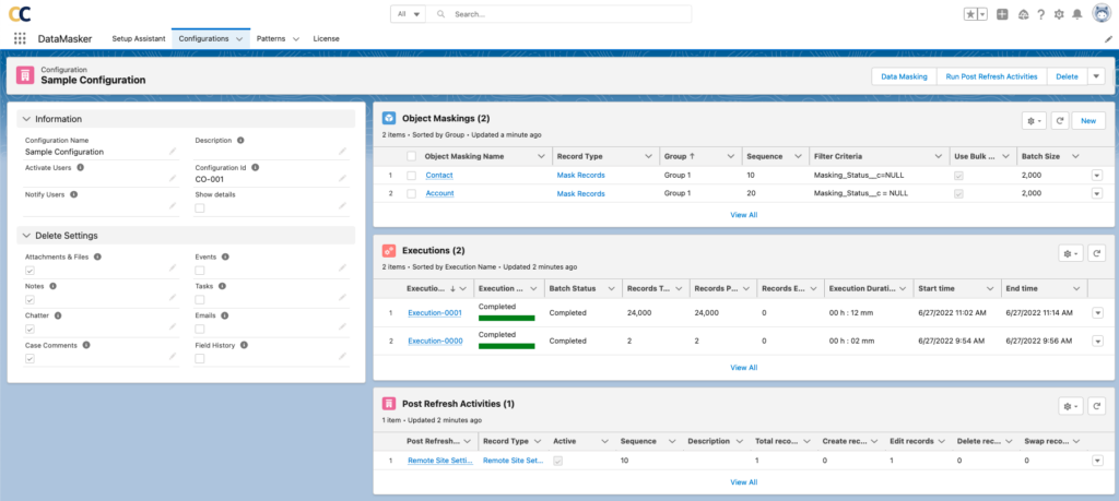 Screenshot of DataMasker's Configuration dashboard with Object Maskings and Executions summary.