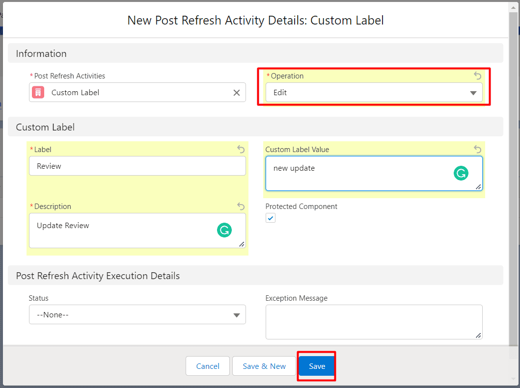 Editing interface for Post Refresh Activity Details of a Custom Label in DataMasker, with the 'Save' button highlighted.