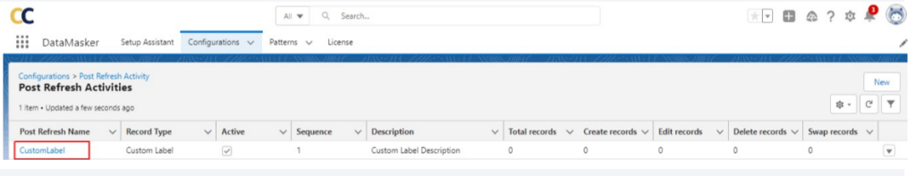 Refresh Activities list in DataMasker, showing a 'CustomLabel' activity with focus on configuration details.