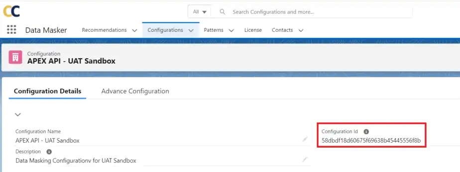 DataMasker interface displaying the APEX API configuration for UAT Sandbox with the Configuration ID ready for script integration.
