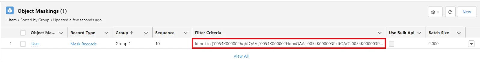 Detailed view of a Salesforce user record post-masking using DataMasker.