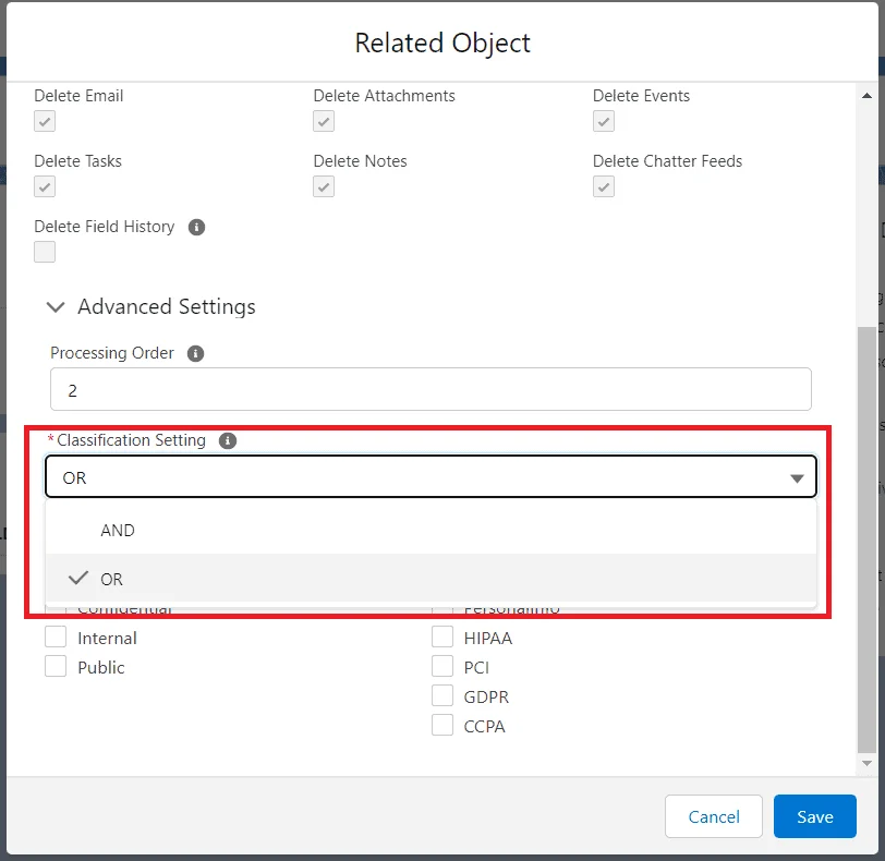 Screenshot showing the classification settings dropdown menu, where users can select either AND or OR conditions for data sensitivity level and compliance categorization filtering.