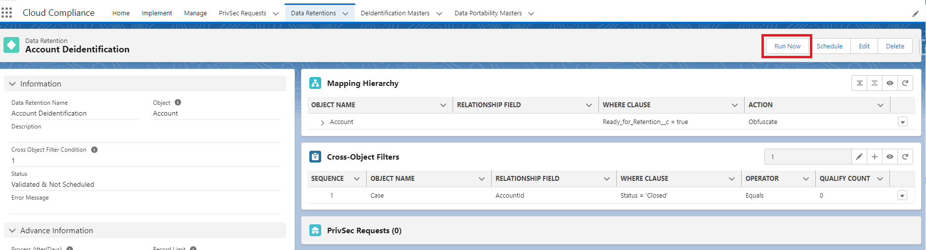 Data Retention Rule with Run Now button