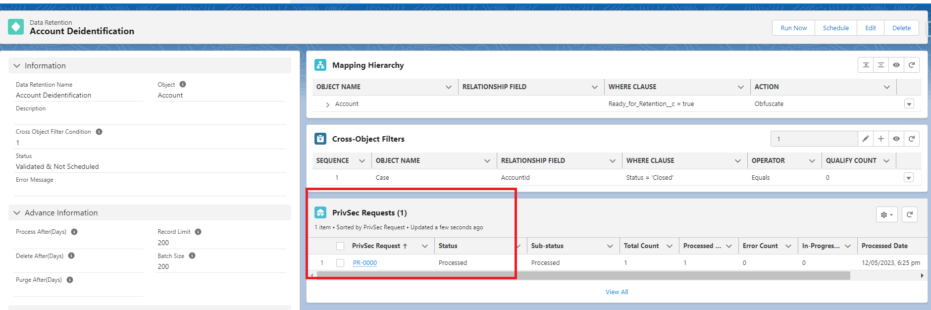 PrivSec Request created for retention