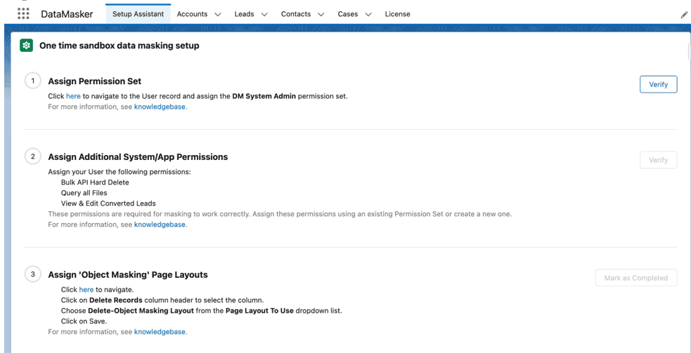 Screenshot of DataMasker's Setup Assistant steps for one-time sandbox data masking setup.