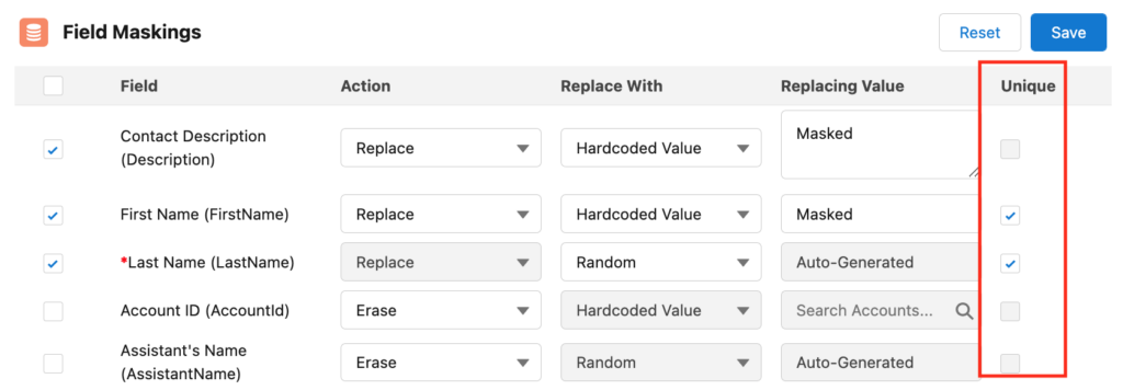 Screenshot of DataMasker's Field Masking options with 'Unique' checkbox highlighted.