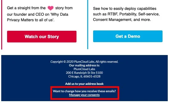 Footer of an email from PlumCloud Labs highlighting data privacy and consent management links.