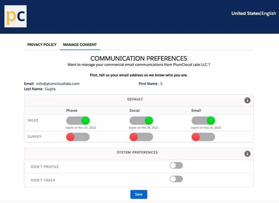 Web interface for managing communication preferences for PlumCloud Labs