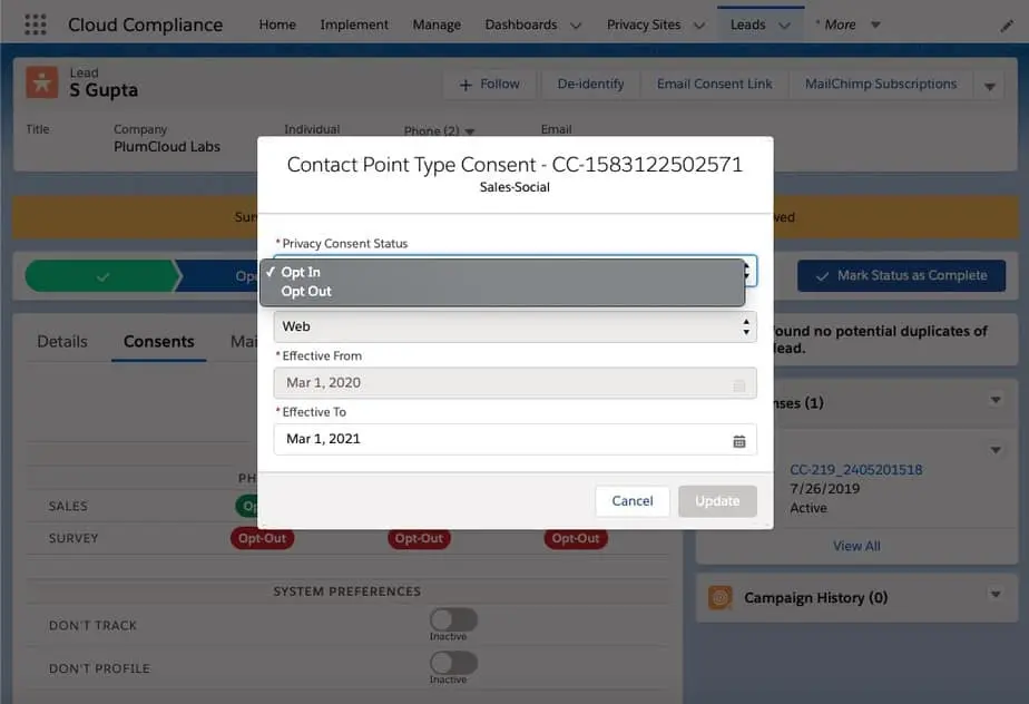 Screenshot of a CRM software interface showing a consent management dialog box