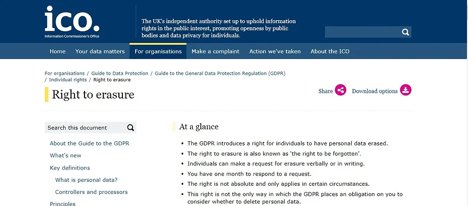 ICO webpage detailing the right to erasure under GDPR.