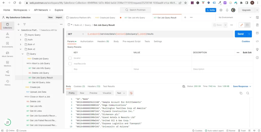 Salesforce job query results displayed in Postman.