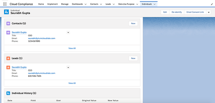 Salesforce CRM profile page showing an individual's contact and lead information,