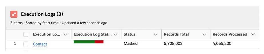 Screenshot showing a log entry for a data masking process, including total and processed records.