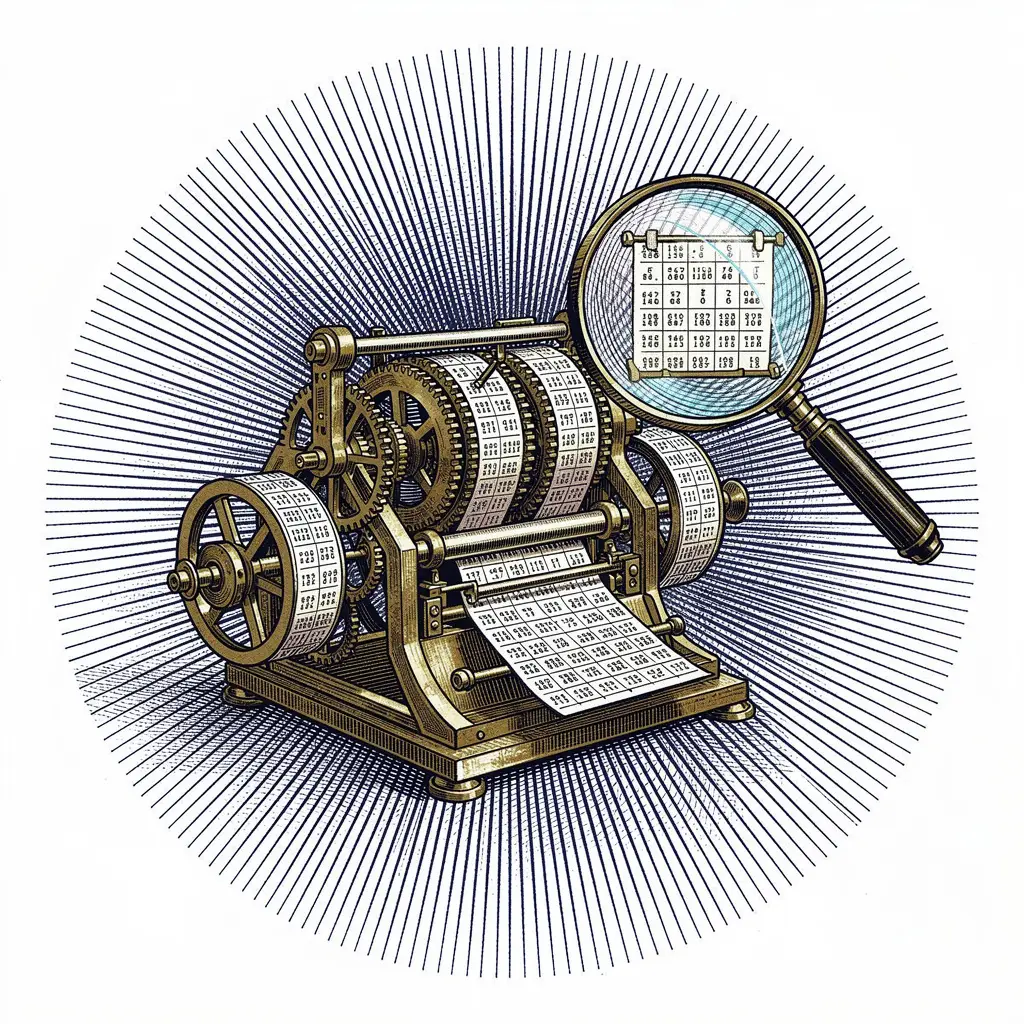 High-tech compliance, intaglio illustration of a computing engine with magnifying glass representing SaaS data protection.