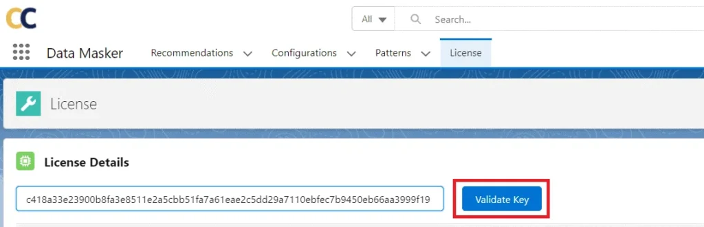 Salesforce interface for license key validation, featuring a 'Validate Key' button.