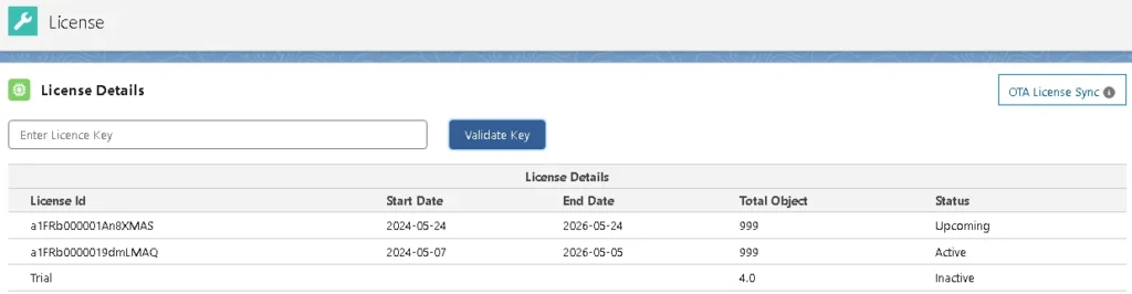 Screenshot showing multiple license records in Salesforce with details on status, dates, and object limits.