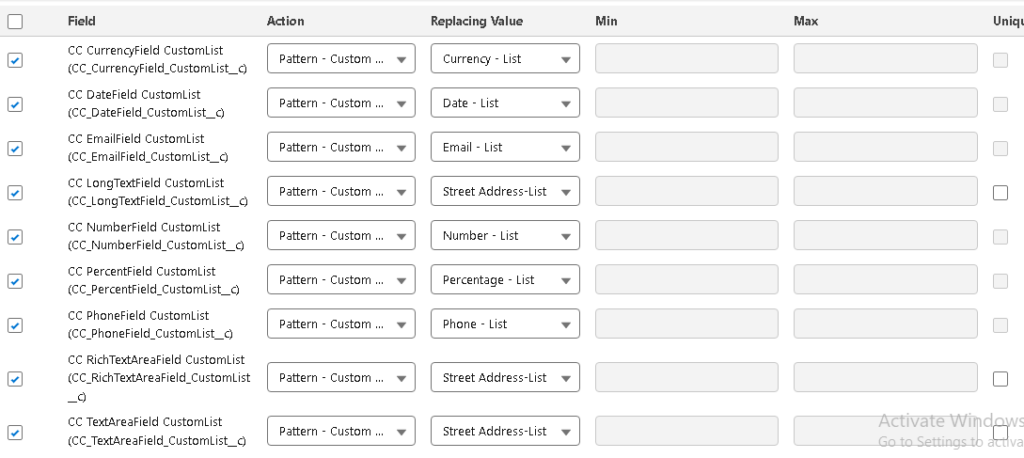 Configuration panel showing regex pattern options for field masking in Salesforce using DataMasker.