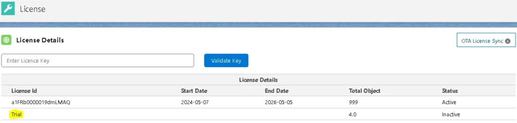 Screenshot showing the License Details page in Salesforce where users can input and validate a license key.