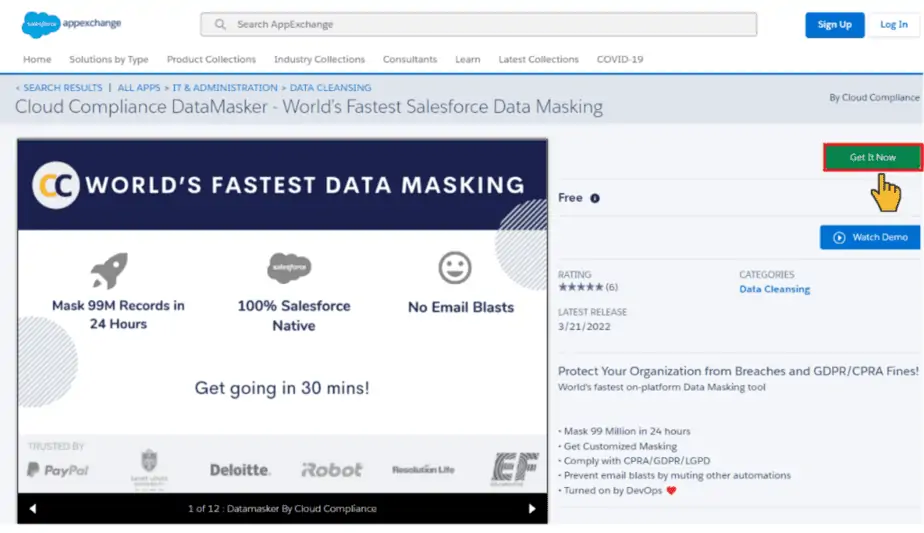 Click Get Now to install DataMasker from Appexchange