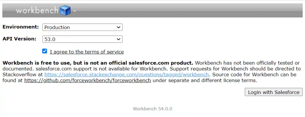 Login interface of Salesforce Workbench showing environment and API version options with a disclaimer that it is not an official Salesforce product.