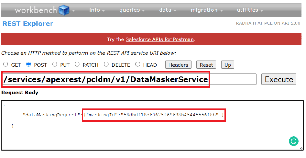 Salesforce Workbench REST Explorer prepared to execute DataMaskerService with a POST request, displaying the request body with a masked ID.