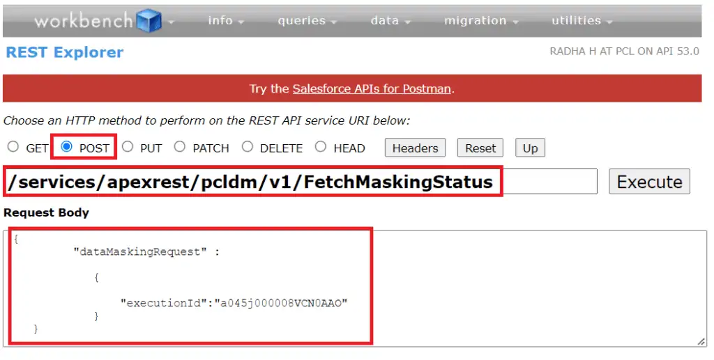 Salesforce Workbench REST Explorer showing a prepared POST request for '/services/apexrest/pcldm/v1/FetchMaskingStatus' with the execution ID in the request body.