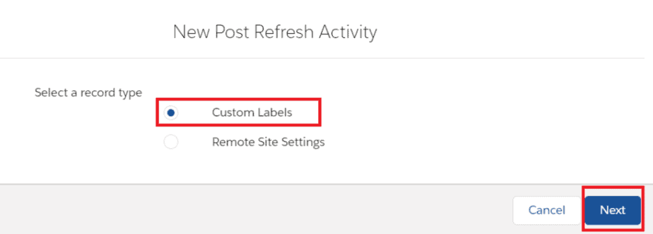 Custom Labels' option selected for new post-refresh activity in DataMasker, with 'Next' button highlighted