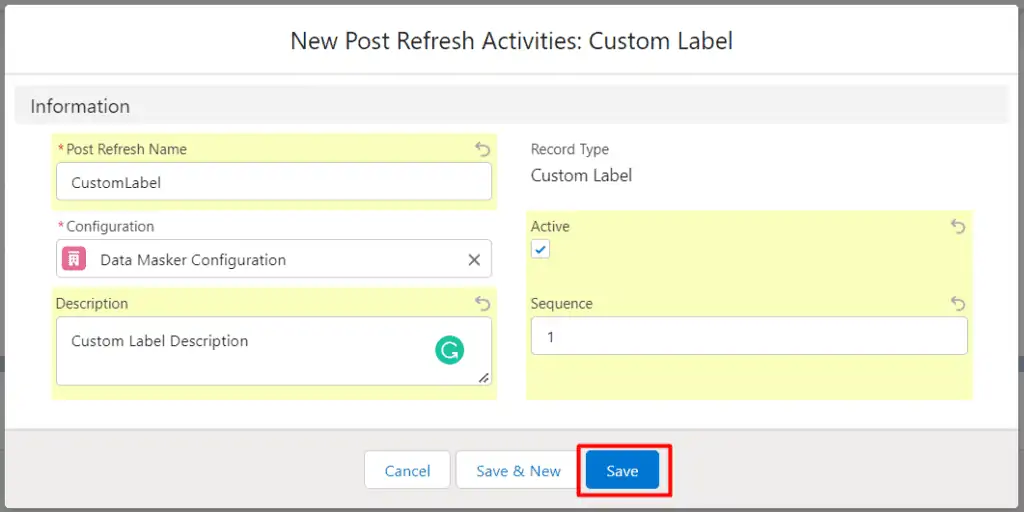New Post Refresh Activities form for a Custom Label in DataMasker with the 'Save' button highlighted.