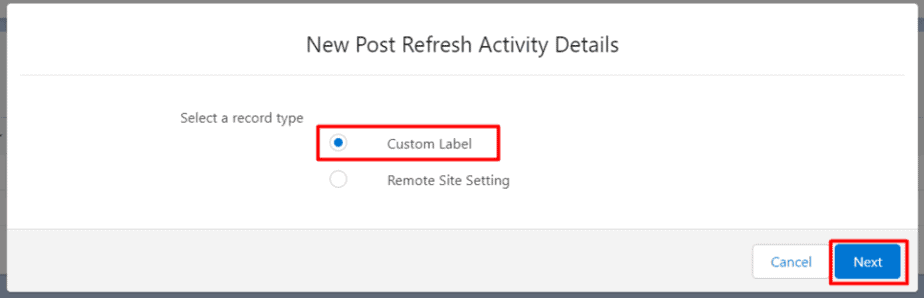 New Post Refresh Activity Details dialog in DataMasker, with 'Custom Label' selected and 'Next' button highlighted.