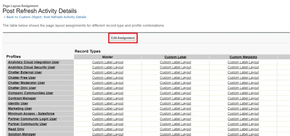 'Edit Assignment' button selected in Page Layout Assignment for Post Refresh Activity Details in Salesforce.