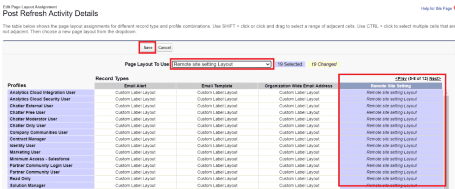 Multiple profiles selected for 'Remote site setting Layout' assignment in Salesforce Post Refresh Activity Details.