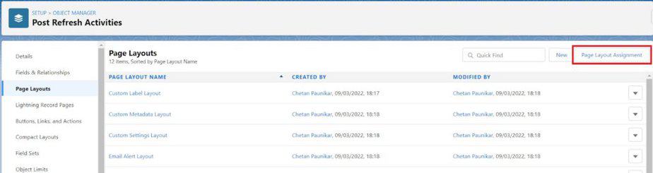 'Page Layout Assignment' button for Post Refresh Activities highlighted in Salesforce's Object Manager.