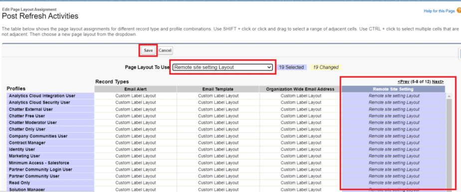 Dropdown menu for 'Remote site setting Layout' selected in Salesforce Page Layout Assignment for Post Refresh Activities.