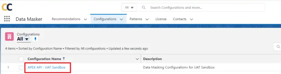 Screenshot showing the 'APEX API - UAT Sandbox' configuration selected within the Data Masker tool for initiating data masking through APEX API