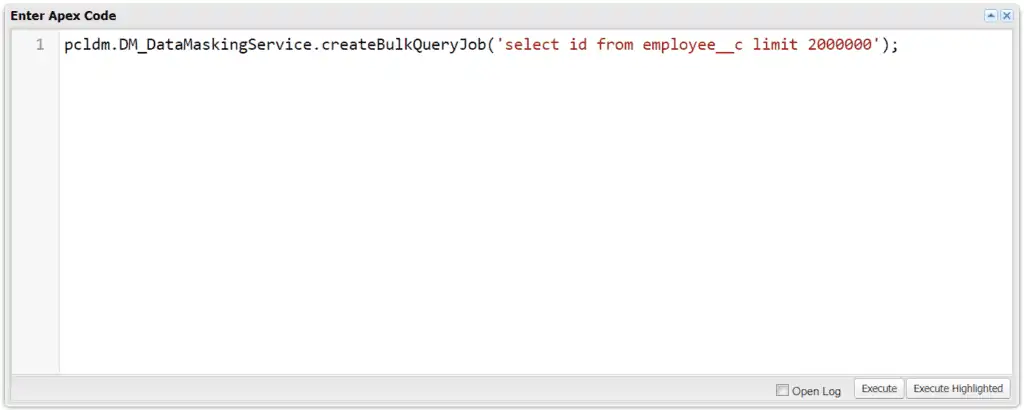 Apex code for creating a bulk query job in Salesforce Workbench, with 'select id from employee__c limit 2000000' highlighted