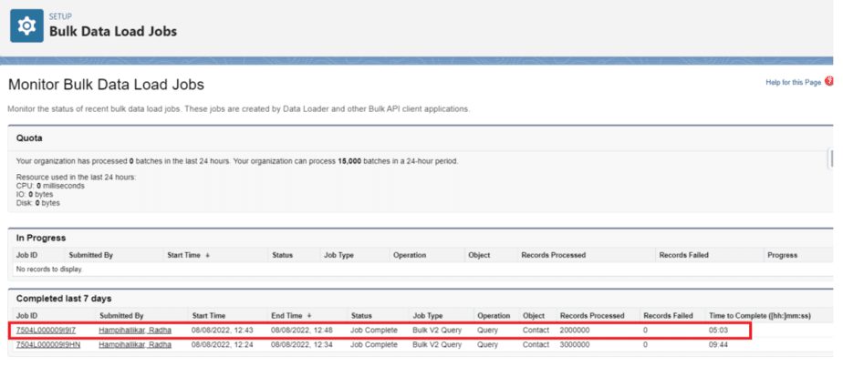 Setup showing Bulk Data Load Jobs with a highlighted job processing 3,000,000 Contact records