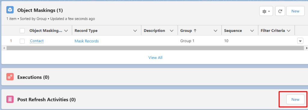 The 'New' button for adding Post Refresh Activities in the DataMasker application on Salesforce.