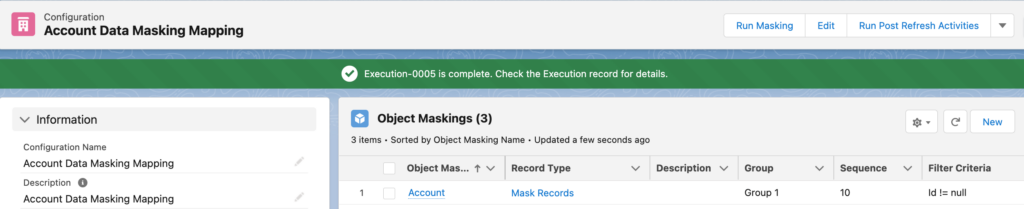 Screenshot of DataMasker interface showing the completion of Execution-0005 with Object Maskings list.
