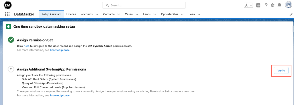 Screenshot of DataMasker's Setup Assistant highlighting the 'Verify' button for system permissions.