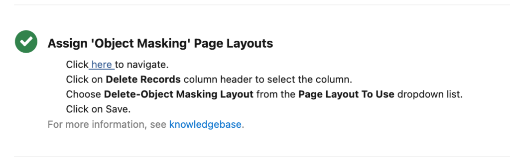 A completed task in DataMasker for assigning 'Object Masking' page layouts.